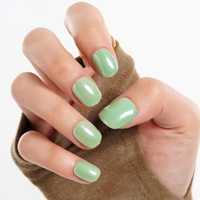GLAMERMAID Light Green Extra Short Press on Nails, Chrome Fake Nails Short Squoval, Glazed Handmade Soft Jelly Gel Square Glue on Nails, Pure Green Acrylic False Nail, Glossy Round Fake Nail for Women