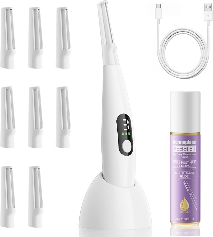 Sonic Dermaplane Razor for Women Face with 8 Replaceable Blades, Facial Oil, Rechargeable Dermaplane Razor for Facial Hair & Peach Fuzz, Sonic Technology with 3 Speeds, Dermaplaning Tool for Women