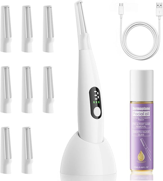 Sonic Dermaplane Razor for Women Face with 8 Replaceable Blades, Facial Oil, Rechargeable Dermaplane Razor for Facial Hair & Peach Fuzz, Sonic Technology with 3 Speeds, Dermaplaning Tool for Women