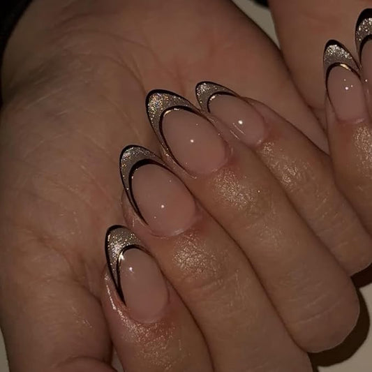 XZMeiLun Double Gold French Tip Press On Nails Almond Squoval, French Tips Designer Reusable Acrylic Nails Press Ons, Fake Nails With Glue On, Daily Wear Floral False Nails For Women