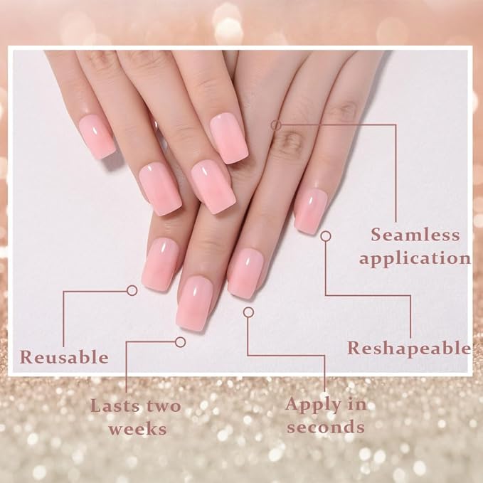 evpct Pale Nude Pink Short Square Glossy Press on Nails for Women Gift, Glossy Pale Nude Pink Fake Nail with Kits Manicure Kit, Soft Gel Full Cover Reusable Stick on Acrylic False Nails Perfectly Fit