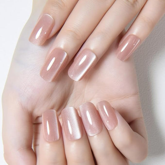 Nude Cat Eye Press on Nails Medium Square, Medium Square Press Stick on Nails Chrome for Women Gift, Nude Holographic Glitter Glossy Reusable Soft Gel Acrylic Fake Nail with Designs Cateye Effect
