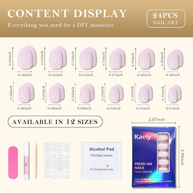 evpct Pale Mauve Medium Oval Glossy Press on Nails for Women Gift, Glossy Pale Mauve Fake Nail with Kits Manicure Kit, Soft Gel Full Cover Reusable Stick on Soft Acrylic False Nails Perfectly Fit