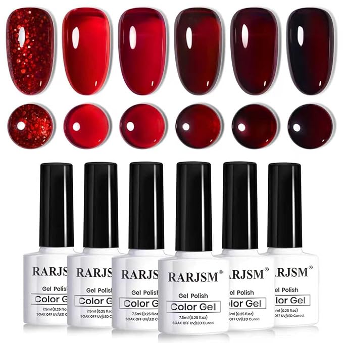 RARJSM Jelly Stained Glass Gel Nail Polish Set 6pcs Clear Glazed Amber Burgundy Cherry Wine Red Glitter Series Crystal Transparent Sheer Gel Varnish Curing Requires Soak off Christmas Manicure