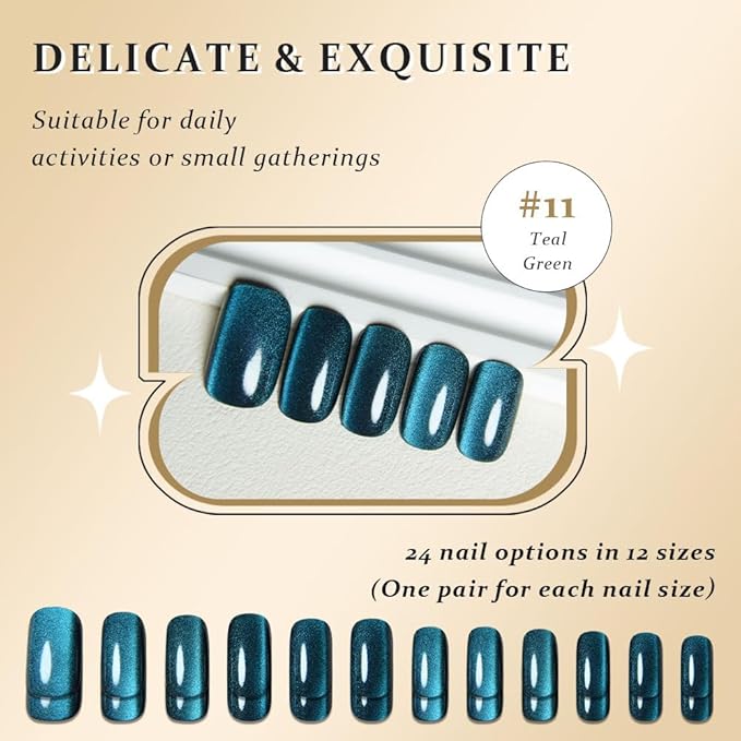 Teal Green Cat Eye Press on Nails Medium Square, Medium Square Press Stick on Nails Chrome for Women Gift, Green Holographic Glitter Glossy Reusable Soft Acrylic Fake Nail with Cateye Effect Design