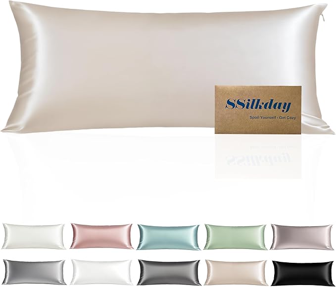 Mulberry Silk Body Pillow Pillowcase with Zipper, Ultra Smooth Soft Breathable Cooling Pillow Cases for Hot Sleepers, Silk Satin Body Pillow Cover for Hair and Skin (Beige, 20×54 Inches, 1 Pack)