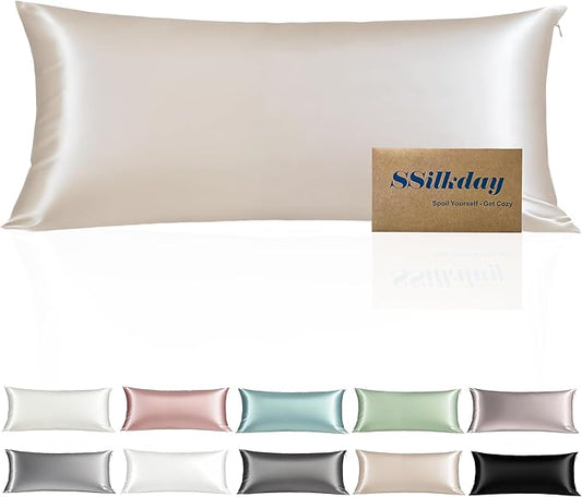 Mulberry Silk Body Pillow Pillowcase with Zipper, Ultra Smooth Soft Breathable Cooling Pillow Cases for Hot Sleepers, Silk Satin Body Pillow Cover for Hair and Skin (Beige, 20×54 Inches, 1 Pack)