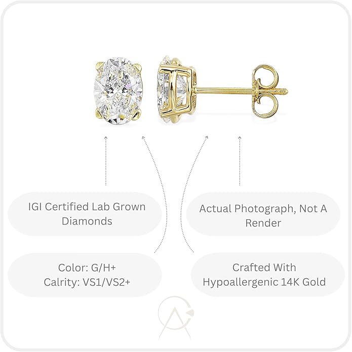 2/3 to 2 Carat Lab Grown Diamond Oval Stud Earrings for Women in 14k White or Yellow Gold (G-H Color, VS1-VS2 Clarity, cttw) 4-Prong Setting Push Back Studs by Carbon Atelier
