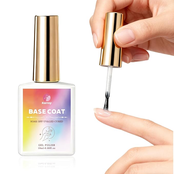 Karroy Gel Nail Polish Base Coat, Ultra Adhesive Clear Foundation Gel Long-lasting Soak-off, UV/LED Nail Lamp Cured, Nail Art DIY for Home & Salons, 1PC 18ml