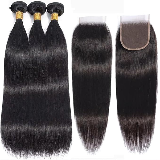 12A Human Hair Bundles with Closure 14 16 18+12 Inch Brazilian Straight 3 Bundles Human Hair with 4x4 Lace Closure Unprocessed Virgin Human Hair Extensions
