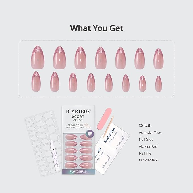 BTArtbox Press On Nails Medium - Pink Frosting, Lamp-Curable Almond Cat Eye French Tip Press On Nails with Glue and Adhesive Tabs for Women, Soft Gel Glue On Nails in 15 Sizes - 30 Stick On Nails Kit