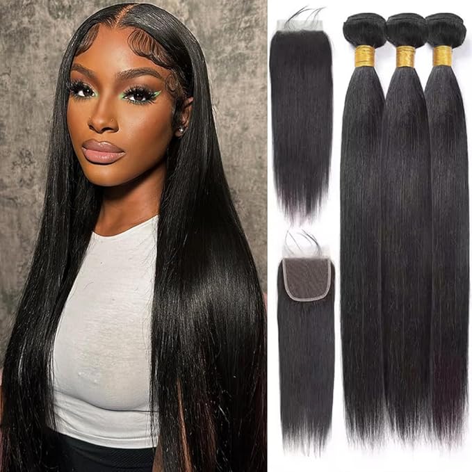 12A Human Hair Bundles with Closure 14 16 18+12 Inch Brazilian Straight 3 Bundles Human Hair with 4x4 Lace Closure Unprocessed Virgin Human Hair Extensions