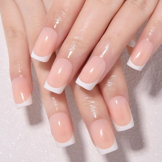 XZMeiLun Nude+White French Tips Press on Nails, Short Square Acrylic Fake Nails Design, Natural Reusable Glue-On Nails Kit for Women DIY False Nail Art Decoration Gift, Salon Quality Reusable 32 Pcs