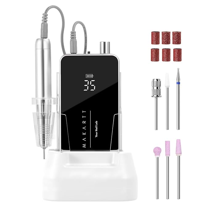 Makartt Electric Nail Drill - 35000RPM Rechargeable Efile with Coreless Motor, Nouvella Portable Nail Filer Machine for Acrylic Gel Removal with Drill Bits Set, Black