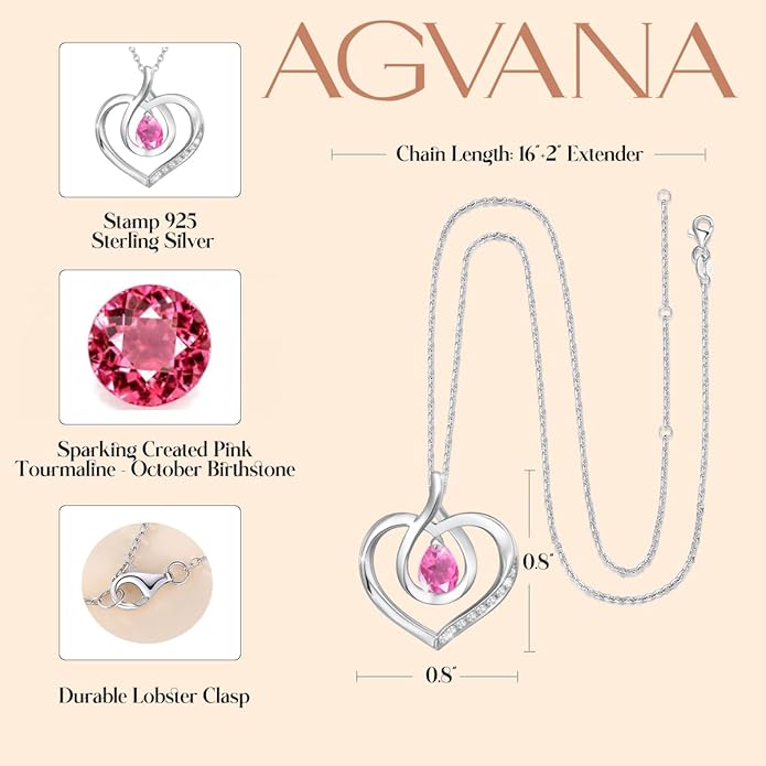 AGVANA Christmas Gifts Heart Birthstone Necklace for Women Sterling Silver Genuine or Created Gemstone Forever Love Pendant Necklace Fine Jewelry Anniversary Birthday Gifts for Women Mom Wife