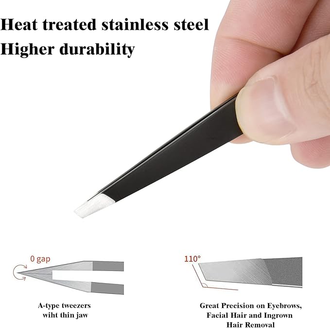 FIVETAS Stainless Steel Tweezers for Eyebrows-Slant Tweezer with Case for Women&Man,Great Precision on Brow,Facial Hair and Ingrown Hair Removal(Black)