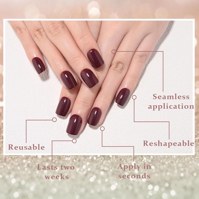 evpct Wine Red Glossy Press on Nails Short Square Nails for Women Gift, Dark Red Glossy Fake Nail with Kits, Soft Gel Reusable Stick on Acrylic Nail Full Cover Perfectly Fit Durable Salon Quality