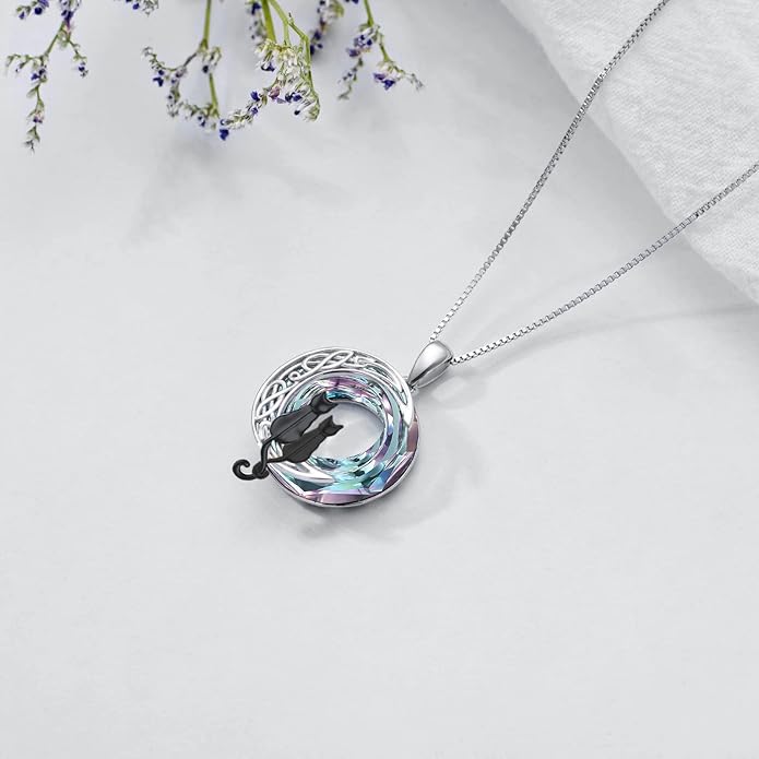 TOUPOP Cat Gifts for Cat Lovers One Two Three Four Cats Necklace Sterling Silver Cats on the Moon Pendant Necklace with Blue Circle Crystal Birthday Christmas Celtic Jewelry Gifts for Women
