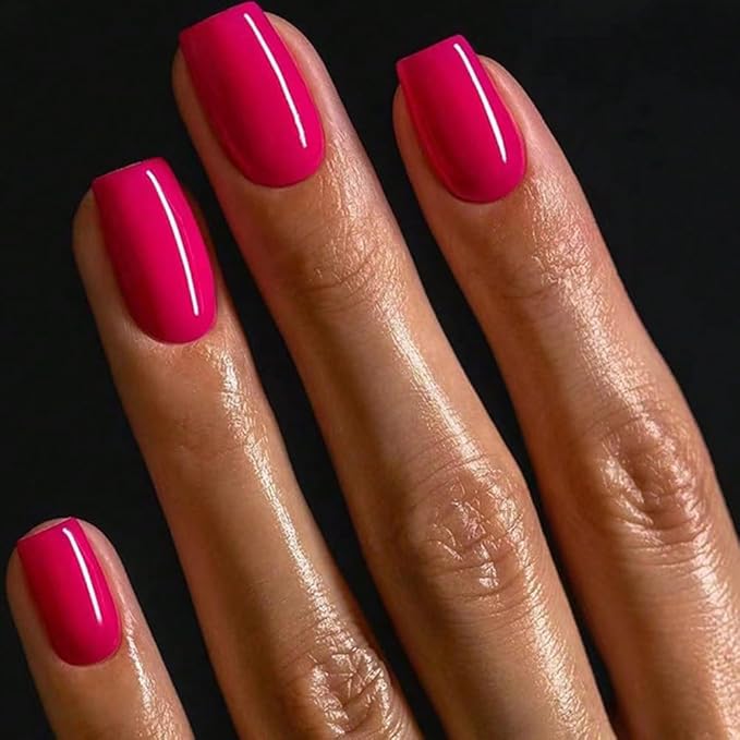 Gel Nail Polish Press on Nails Short, Handmade Hot Pink Fake Nails Medium Square Shape UV Jelly Finish Glue on Nails for Women Acrylic False Nail Kits Stick on nails Reusable Full Cover by GLAMERMAID,