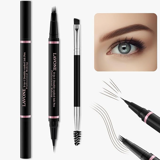 Eyebrow Pencil, 2-in-1 Waterproof Eyebrow Pen with 4 Tip Brow Pen and Ultra-Precise Brow Pencil, with Dual-ended Eyebrow Brush, Eyebrow Makeup for Natural Looking Eyebrows - Dark Brown
