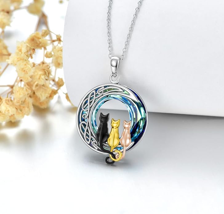 TOUPOP Cat Gifts for Cat Lovers One Two Three Four Cats Necklace Sterling Silver Cats on the Moon Pendant Necklace with Blue Circle Crystal Birthday Christmas Celtic Jewelry Gifts for Women