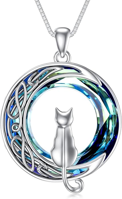 TOUPOP Cat Gifts for Cat Lovers One Two Three Four Cats Necklace Sterling Silver Cats on the Moon Pendant Necklace with Blue Circle Crystal Birthday Christmas Celtic Jewelry Gifts for Women