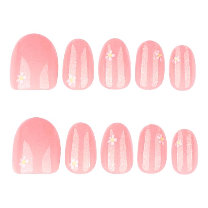 XZMeiLun Pink Glitter Press On Nails Almond Squoval, White Flower Pattern Designer Reusable Acrylic Nails Press Ons, Fake Nails With Glue On, Daily Wear Floral False Nails For Women