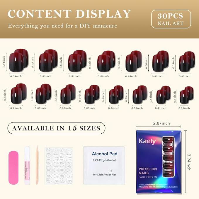 evpct Ombre Black to Red Press on Nails Extra Short, Petite Short Square Glossy Stick on Nails for Women Gift with Manicure Kit, Reusable Soft Gel Stick on Fake Nail with Ombre Designs Perfectly Fit