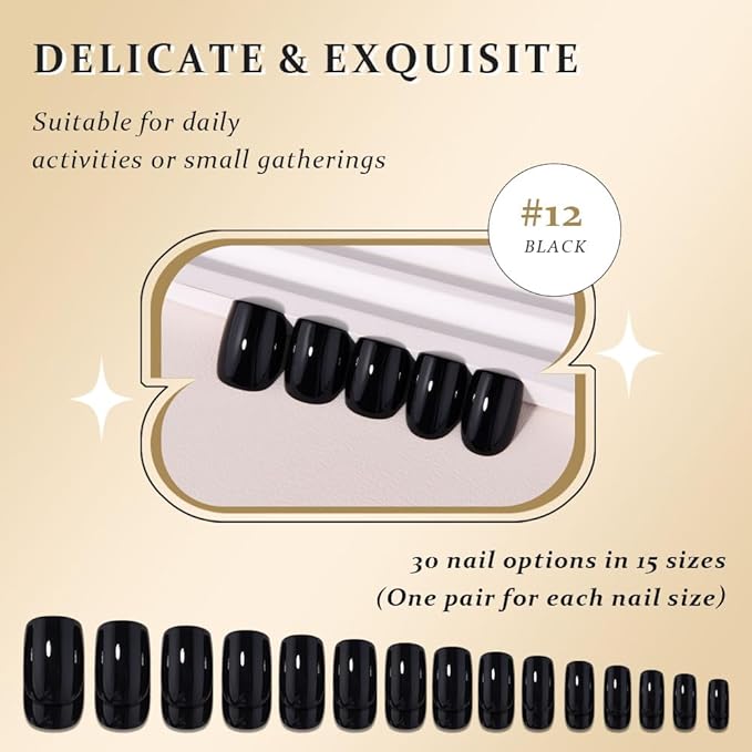 evpct Black Short Press on Nails Square, Glossy Soft Gel Acrylic Fake Press on Nails Manicure Kit, Reusable Artificial Stick on Nail for Women, Full Cover Easy Application Easy At-Home Salon