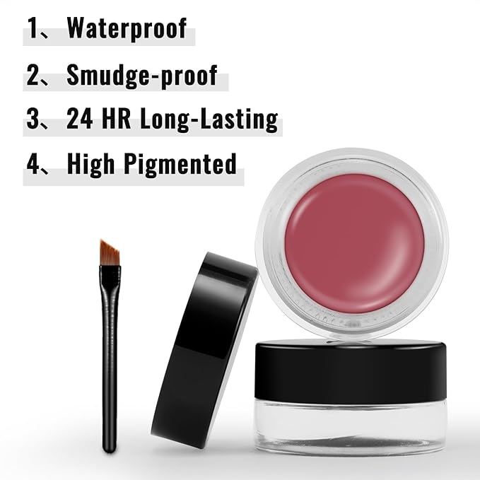 Erinde Rose Mauve Gel Eyeliner, Waterproof Long Lasting Cream Eyeliner Gel Pot, High-Intensity Pigments Smudge-Proof Eye Liner Makeup, Water-Resistant Eye Liner with 2PCS Brushes, 07