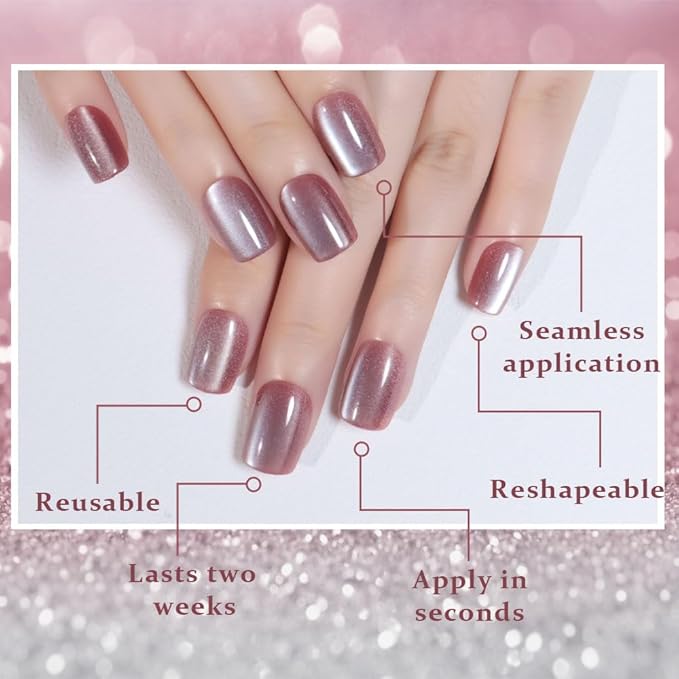 evpct Pale Mauve Cat Eye Short Press on Nails Square, Stick on Nails Short Square for Women Gift, Mauve Metallic Glitter Glossy nails press ons, Reusable Stick Press on Acrylic Fake Nail with Designs