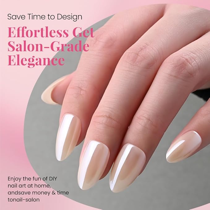 Press on Nails Short Almond - Nude Chrome Glazed Glossy Press on Nail Tips Stick on Nails with Nail Kit for Gift, Reusable Stick On Nails in 15 Sizes - 30 Full Cover Acrylic Soft Gel Fake Nails Kit