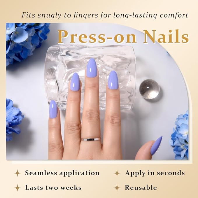 evpct Sea Blue Short Almond Glossy Press on Nails for Women Gift, Glossy Sea Blue Fake Nail with Nail Kit Manicure Kit, Soft Gel Full Cover Reusable Stick on Soft Acrylic False Nails Perfectly Fit