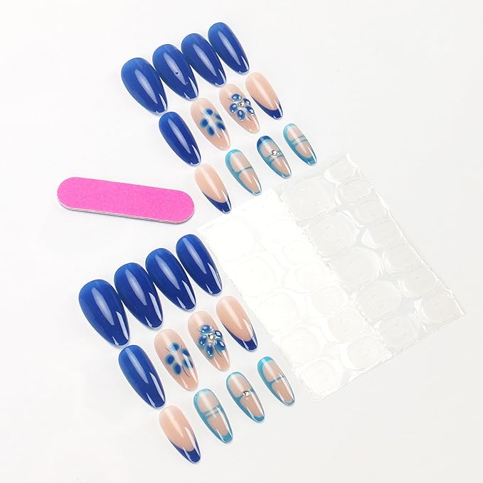 24Pcs Blue Hand-painted Carved Nails for Summer, French Blue Floral Nails Sweet Almond Press Ons Medium-Short Stick on Nails Fake Nails Set Rhinestones Nail For Women