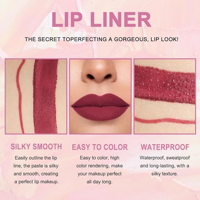 Kaely 2-in-1 Dark Plum Wine Red Lip Liner & Lipstick Set Kit for Women, Matte Lips Kit with Lip Liner Lip Stains Long Lasting Waterproof 24 Hour Lipstick and Lip Liners Combo Lipliners Pencil 06