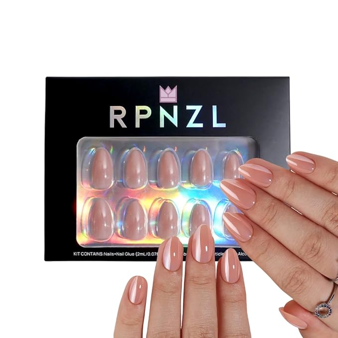 RPNZL Press On Nails - Silk Blush | Pearl Chrome Nude Medium Almond Fake Nails, Salon Quality | 32 Nails, 16 Sizes Kit with Glue and Adhesive Tabs I Female Founded - Beauty, Self Care