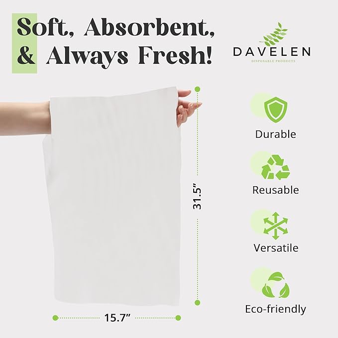 DAVELEN Disposable Large Luxury Towels (50-Count) Spa and Salon Quality Softness for Guests, Clients | Hair, Face, Body Use | Luxurious Comfort, Ecofriendly (050, 32x16 inches)
