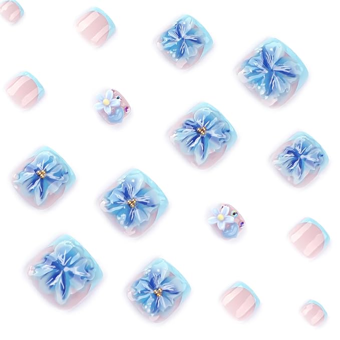 24pcs Summer Blue Press on Toenails 3D Flower Fake Toenails Press On Nails Short French Toe False Nails Flash Diamond Decor Feet Nail Art Short Square Summer Nail Tips for Women