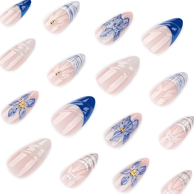 24pcs Blue Flowers Press on Nails Medium Almond Fake Nails Handmade Press on Nails Floral, 3D Flower False Nail French Blue Wave Beach Manicure with Almond-shaped False Nails for Women