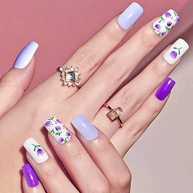 GLAMERMAID Dark Purple Press on Nails Medium Square, Floral Blossom Deep Purple Gel False Nals, Tulip Glue on Nails Kit for Women, Natural Lavender Reusable Stick on Acrylic Fake Nails Manicure Set