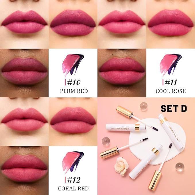 evpct 3Pcs Peel Off Lip Stain Tints with Tweezer, Liquid Lipstick Lip Stain Gloss Long Lasting Waterproof for Women, Non-stick Cup Lipstick Peel Off Highly Pigmented 24 Hrs Original Lips Stains, Set04