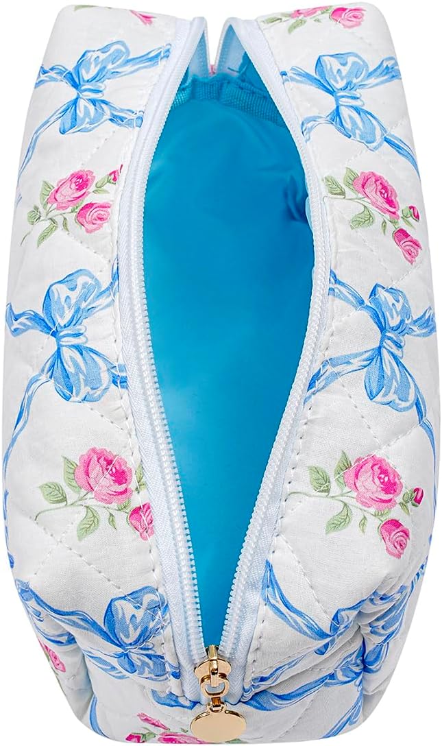 Cute Floral Makeup Bag Small Cotton Quilted Cosmetic Bag, Aesthetic Essential Bag Emergency Bag Gift for Women Girls Travel Accessories (Blue Bowknot Rose)