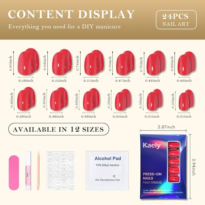 evpct Flare Red Medium Oval Glossy Press on Nails for Women Gift, Glossy Flare Red Fake Nail with Nail Kit Manicure Kit, Soft Gel Full Cover Reusable Stick on Acrylic False Nails Perfectly Fit
