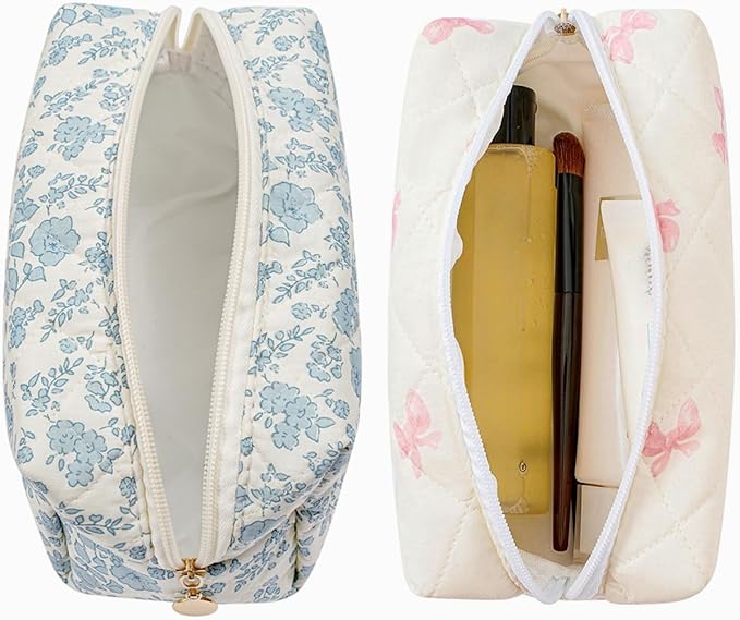 Cute Floral Makeup Bag Small Cotton Quilted Cosmetic Bag, Aesthetic Essential Bag Emergency Bag Gift for Women Girls Travel Accessories (Two Pack: (Blue Floral+Pink Small Bowknot)