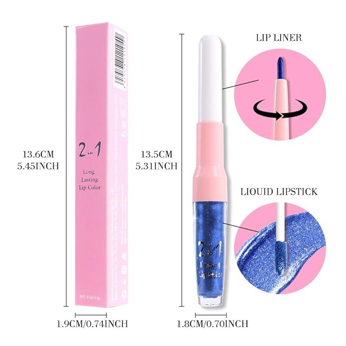 evpct Blue Metallic Glitter Lip Liner and Lipstick Combo Lip Gloss Stain Set Makeup for Women Long Lasting Waterproof 24, Non Stick Cup Metal Shine Shimmer Iridescent Liquid Lipstick 24