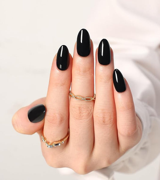 Morily Black Press on Nails Almond, 30Pcs Short Fake Nails Glossy Acrylic False Nails Reusable Full Cover Stick on Nails for Women, 15 Sizes, Thicker Fingertips