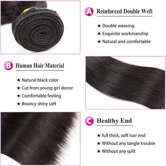 12A Straight Bundles Human Hair, Unprocessed Brazilian Virgin Weave 3 Bundles Human Hair Straight 14 16 18 Inch, 300g/Pack Double Weft Sew In Hair Extensions