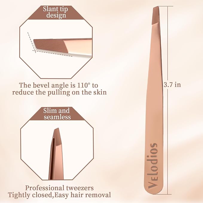 Velodios Precision Stainless Steel Tweezer for Eyebrows, Facial Hair and Fine Hairs Removal, Slant Tip Eyebrows Tweezers with Leather Case (Rose Gold)