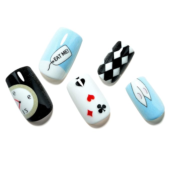 GLAMERMAID Dark Blue White Ombre Press on Nails Medium Square, Oil Painting Glossy Gel Stick on Fake Nals Short Square, Neutral Glue 0n Nails Kit for Women, Reusable Acrylic False Nails Manicure Set