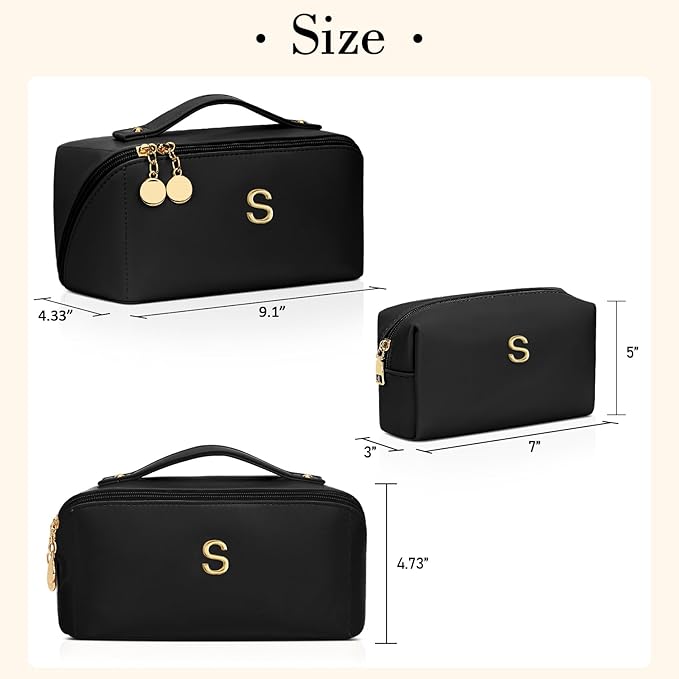 Valentines Day Gifts for Women Teen Girl, Personalized Initial Makeup Organizer Bag Set, Open Flat Travel Cosmetic Bag With Clear Divider and Handle(Black,S)